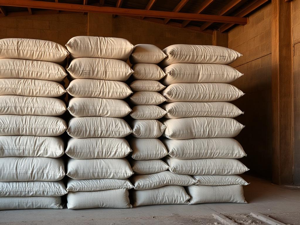 Cement bags stacked in the Al Rawa building material warehouse