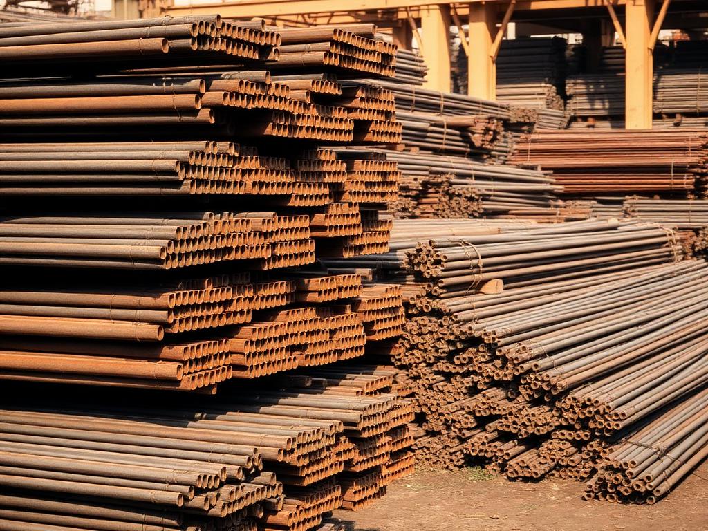 Bundles of iron rods and steel reinforcement bars stacked in a supply yard