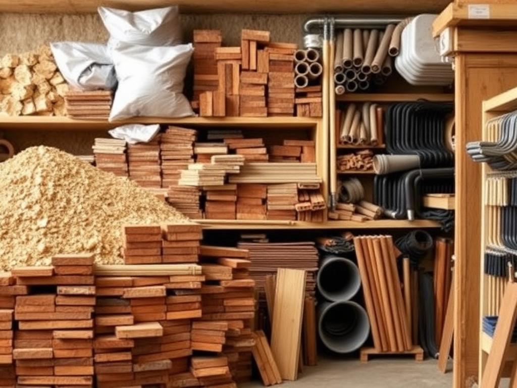 Assorted building materials including bricks, timber and pipes on shelves