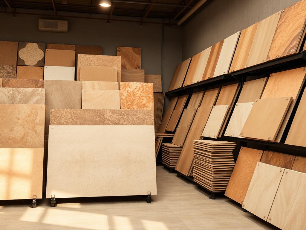 Floor and wall tiles displayed on racks at the Al Rawa building material store
